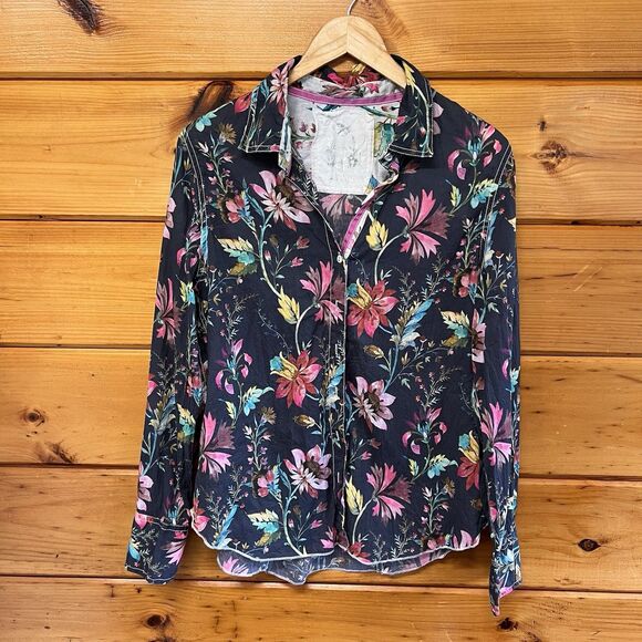 Cino Navy Cotton Floral button-down Shirt Size Large Roll Tab Sleeves - Picture 1 of 5